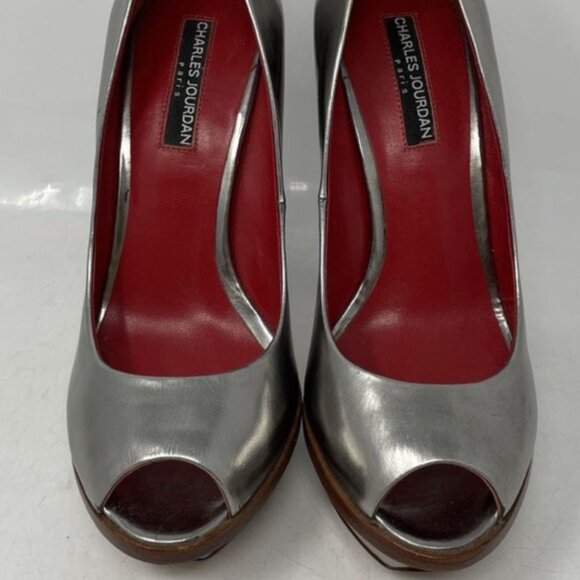Charles Jourdan Silver Leather Peep-Toe Heels – Size 8.5M - Picture 1 of 6